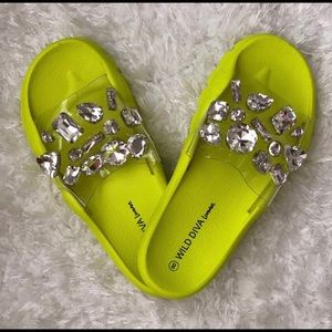 Neon Yellow Rhinestone Slides